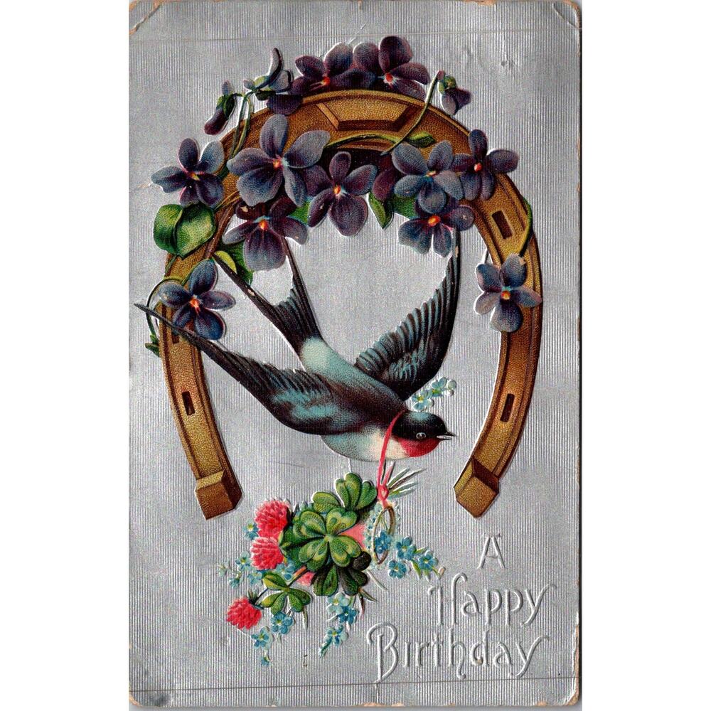 A Happy Birthday Embossed Greeting With Horseshoe Vintage Postcard SP17-17